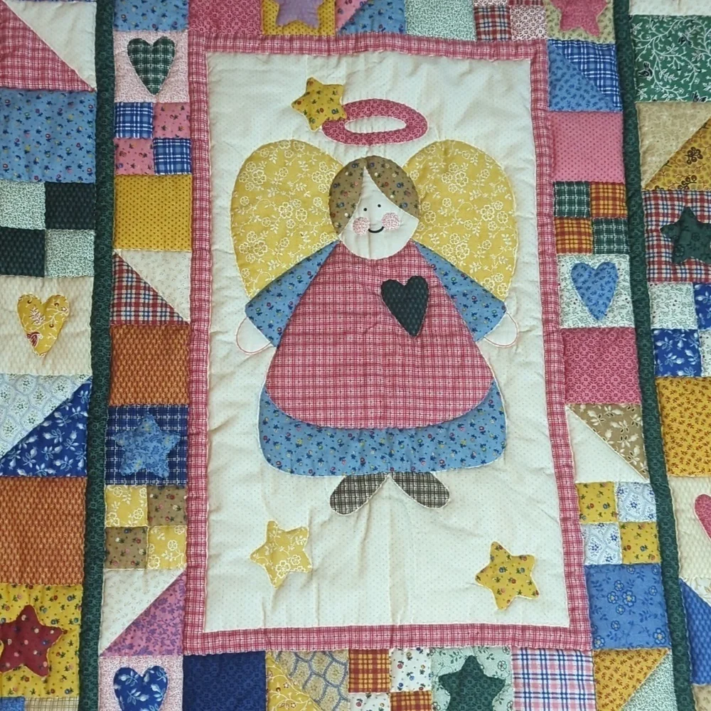 Country Nursery Sweet puffy Patchwork Angel/Hearts/Stars Crib Quilt  Multicolor